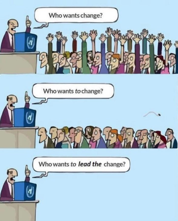 Three panel cartoon of a moderator asking a crowd Who wants change with all hands up and then  who wants TO change with all hands down and then Who wants to lead change with the room suddenly emptied out