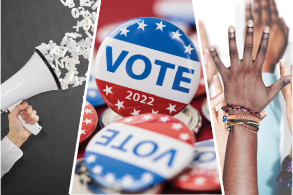 hand holding a megaphone, voting buttons, and hands raised