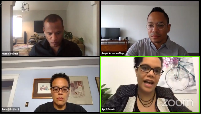 Zoom screenshot featuring the four Jews of Color who presented on the webinar discussed in this blog post